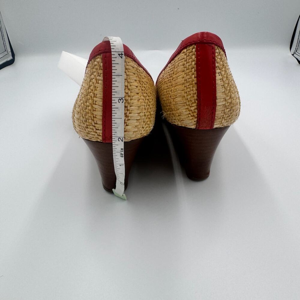 Tory Burch Reva Raffia Wedge Pumps 8M Straw Woven Red Logo Coastal Resort Shoes - Picture 7 of 16